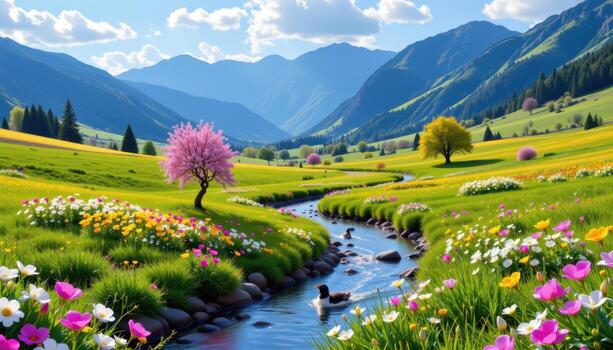 blossoms brighten fields beneath rugged mountains, as a glowing stream winds through in peace. photo