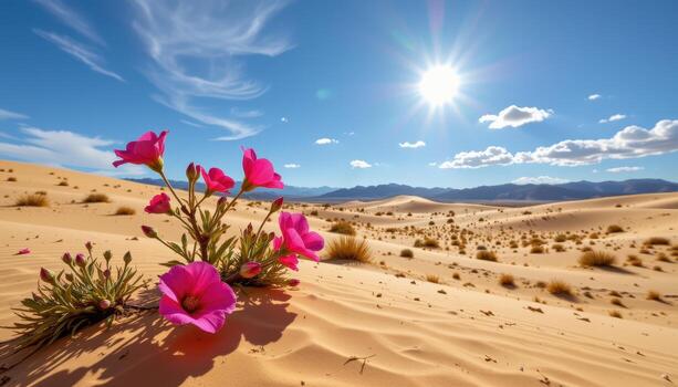 blossoms bloom radiant against vast dunes, transforming desolate desert plains into artful visions. photo