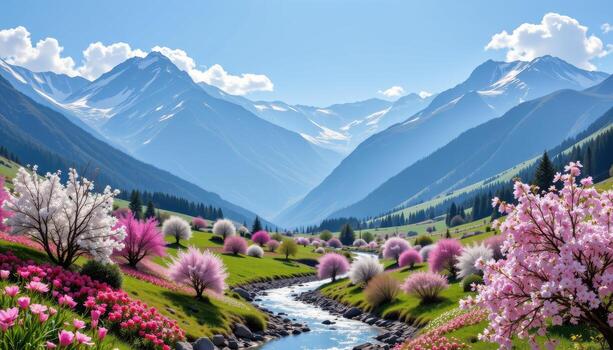 high snowy mountains frame a land of blossoms, while a sparkling stream cuts through the valley. photo