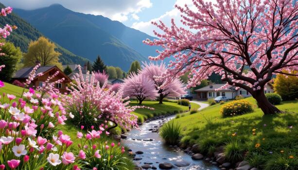 flores floración interminable debajo el alto montañas, mientras un amable corriente vientos a través de el tierra. foto