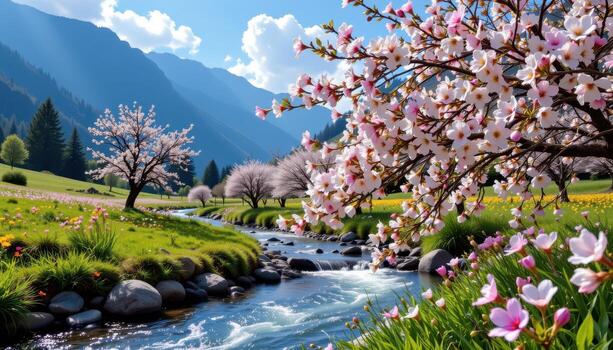 blossoms dance in winds beneath tall mountains, while a pure stream flows with silver beauty. photo