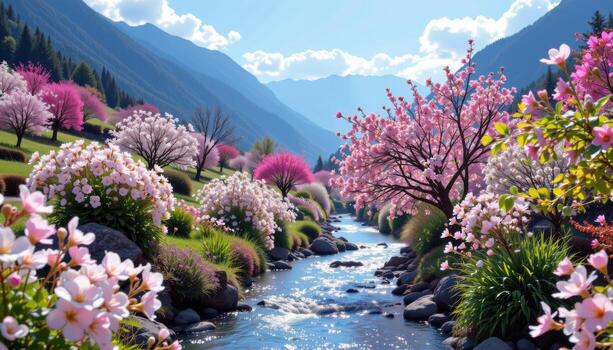 blossoms brighten the slopes beneath mountains, as a radiant stream flows with timeless grace. photo