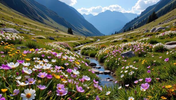 wildflowers spread across a mountain valley floor, with a clear stream tracing soft winding paths. photo