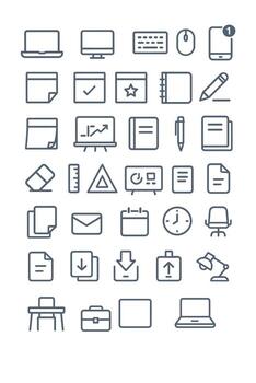 un exhaustivo conjunto de contorno estilo íconos representando lugar de trabajo herramientas, digital documentos, y productividad conceptos nulo para usuario interfaz diseño vector