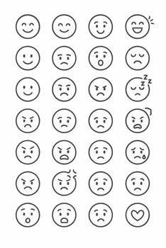 illustration of a diverse set of emoji and emoticon line icons, perfect for representing daily moods and common expressions vector