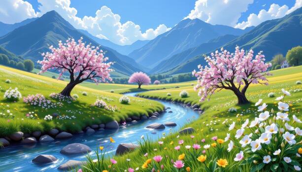 mountains guard blossoms spread wide across fields, while a radiant stream flows quietly through. photo