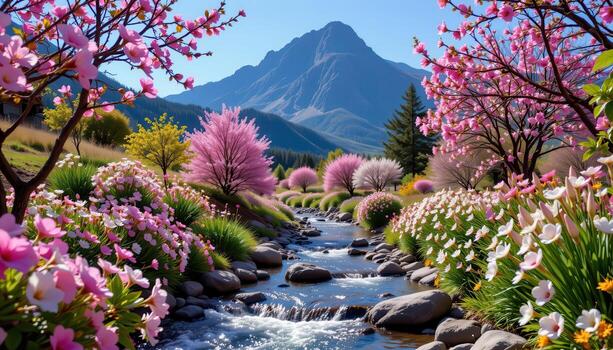 a rugged mountain ridge towers above blossoms, where a sparkling stream runs in bright serenity. photo