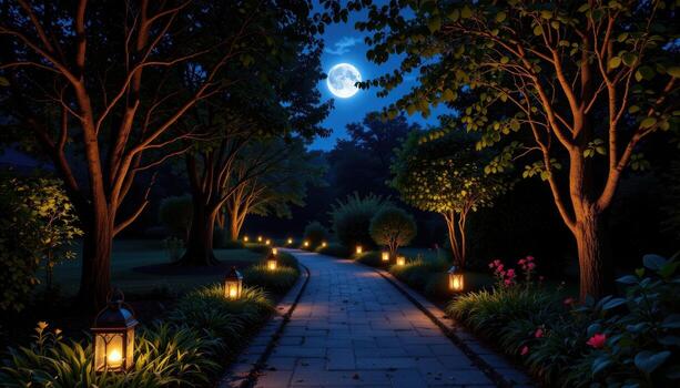 moonlit garden walkway, lanterns scattered along the path, trees casting shadows, silent and still. photo