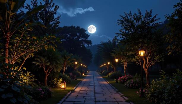 moonlit garden walkway lined with trees, lanterns casting shadows, empty of people or animals. photo