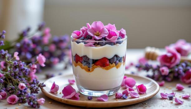 yogur parfait con lavanda pétalos, Rosa capas, dorado Miel, suave difundido luz, sereno elegante escena foto