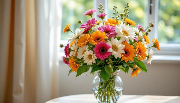 a colorful array of flowers fills a crystal vase, catching soft light and brightening the room gently. photo