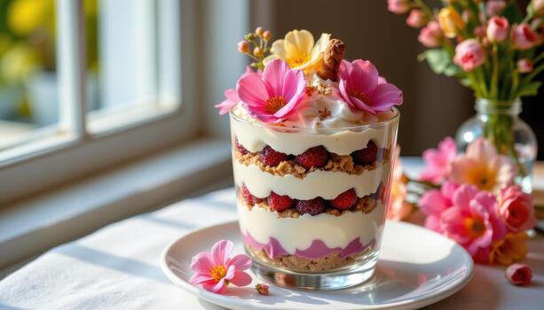 floral parfait con delicado comestible flores, cremoso capas, suave oscuridad, calentar difundido ligero mediante ventana foto