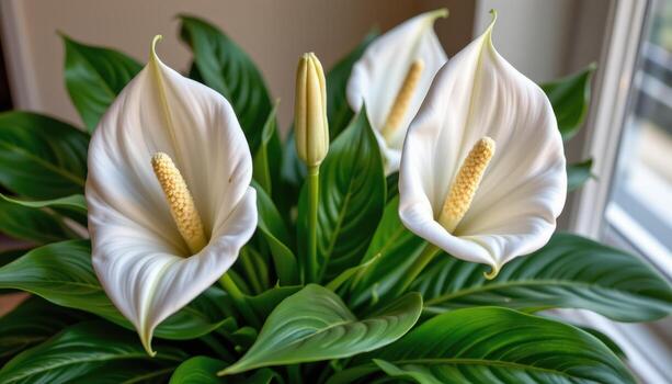 peace lily with glossy leaves and white blooms, naturally removing toxins from air while enhancing indoor room aesthetics daily. photo
