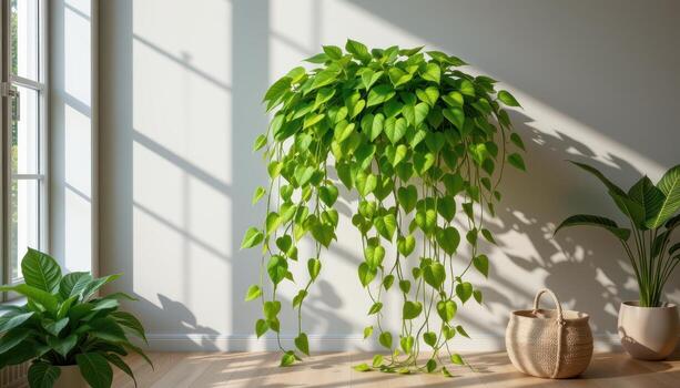 a dense golden pothos vine cascading gracefully, filtering air and improving indoor oxygen levels effectively daily. photo