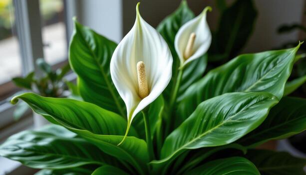 peace lily with white blooms and glossy leaves, purifying indoor air and enhancing oxygen levels and aesthetics naturally daily. photo