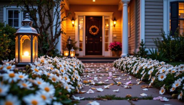 home entrance lined with daisies and glowing lanterns, light softly highlighting petals, creating peaceful inviting scenery. photo