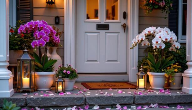 front porch decorated with potted orchids and lanterns, gentle light illuminating petals, creating a cozy welcoming scene. photo