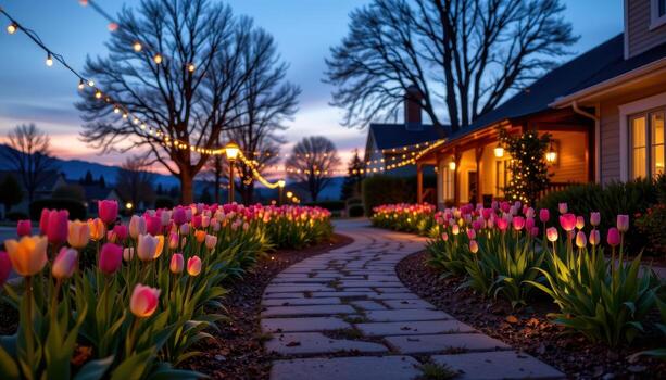 entrance path lined with tulips and string lights, warm glow highlighting each flower, serene and enchanting at dusk. photo