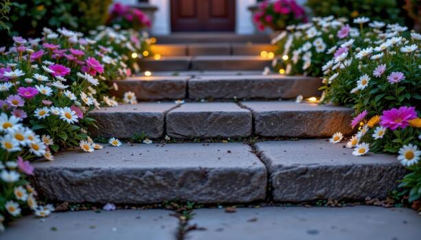 stone steps lined with daisies and fairy lights, soft glow highlighting flowers, entrance serene and enchanting in evening naturally. photo