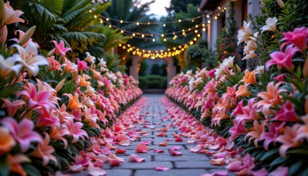 pathway lined with lilies and string lights, soft glow highlighting petals, entrance inviting and magical in evening naturally today. photo