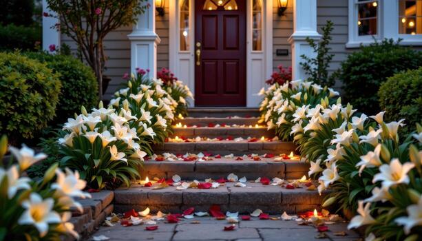 entrance steps lined with lilies and fairy lights, warm glow highlighting petals, creating inviting magical home pathway naturally. photo