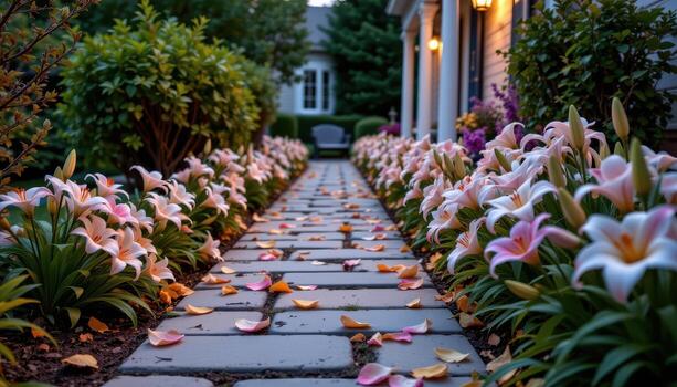 pathway lined with lilies and fairy lights, soft glow highlighting petals, creating serene enchanting welcoming home entrance naturally today. photo