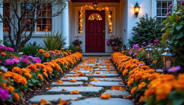 pathway lined with marigolds and lanterns, soft glow highlighting petals, peaceful magical home entrance inviting naturally today. photo