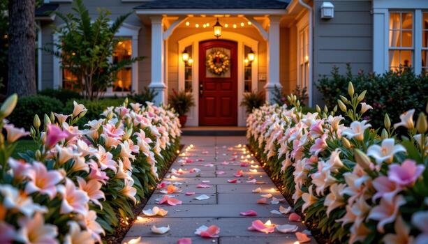 pathway to home lined with lilies and string lights, warm glow highlighting petals, serene enchanting inviting entrance naturally today. photo