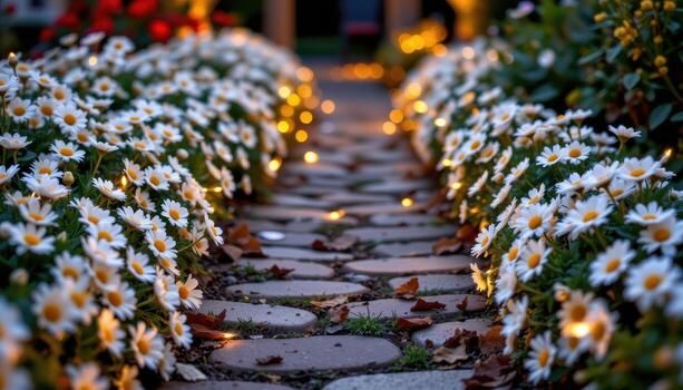 pathway lined with daisies and fairy lights, warm glow highlighting each flower, creating enchanting welcoming entrance naturally. photo