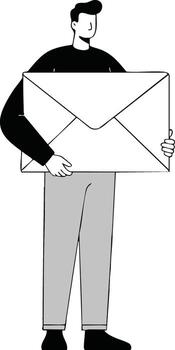 Man holding large envelope illustration for communication and message concept in black and white design vector