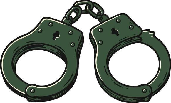 Metal handcuffs illustration with chain and locking mechanism in dark green color image vector