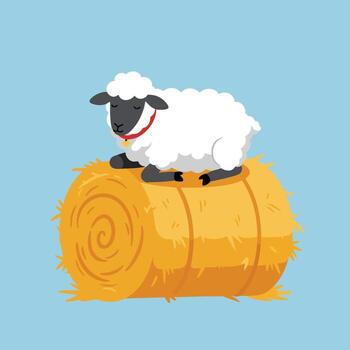 Sheep resting on hay bale with light blue background in simple illustration style vector