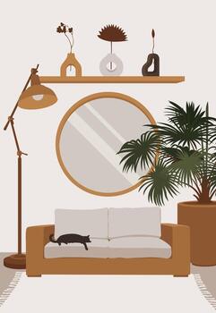 Minimal Sofa with Round Mirror, Shelf Decor and Cat vector