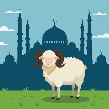 Ram sheep standing on grass in front of mosque silhouette with crescent moon symbol illustration vector