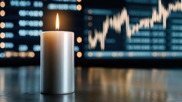 Candle on a table with stock market graph photo