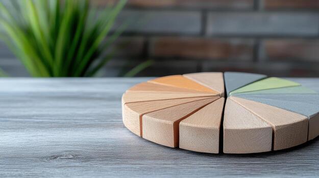 A wooden pie chart on a table photo