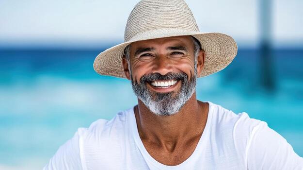 A man with a hat on smiling at the camera photo