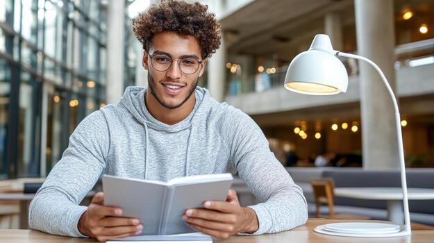 A young man is reading a book in a library photo