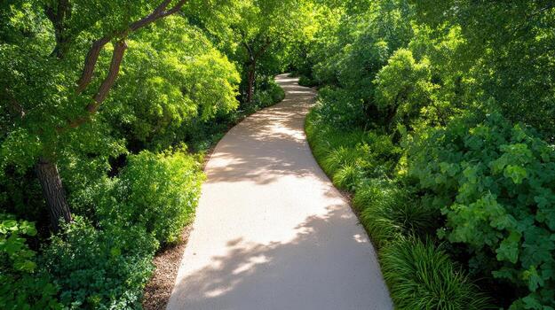 A paved path through a lush green forest photo