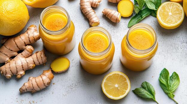 Three jars of lemon juice with ginger and lemons photo
