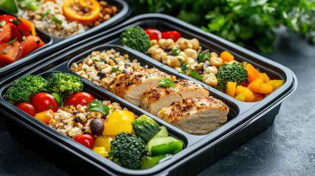 Three black plastic containers with chicken, vegetables and rice photo