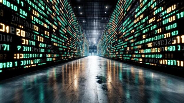 A long hallway with many binary code signs photo
