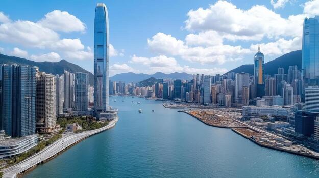 Hong kong skyline with the harbor and the city photo