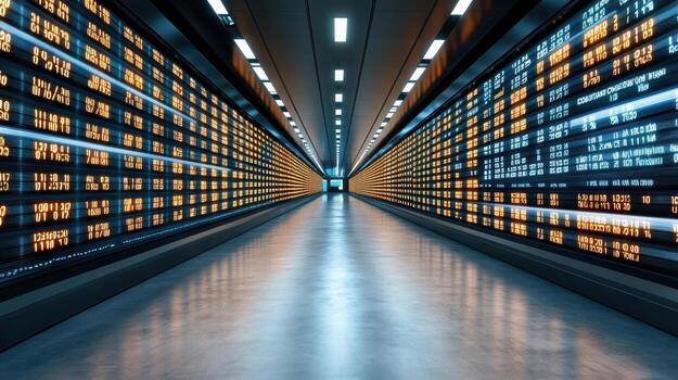 An empty hallway with many stock market screens photo