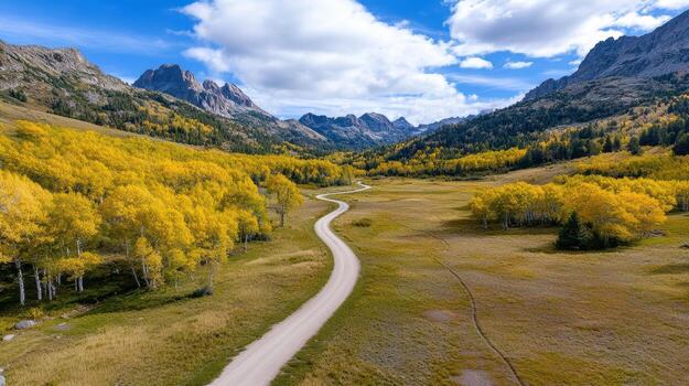 A winding road in the mountains with yellow aspen trees photo