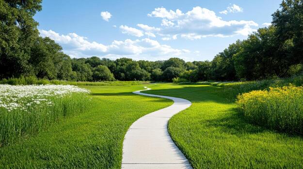 A pathway through a grassy field with trees and flowers photo