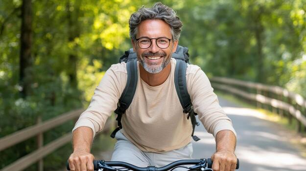 un hombre con lentes montando un bicicleta en un camino foto