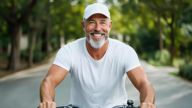 A man with a white beard and a cap is riding a bike photo