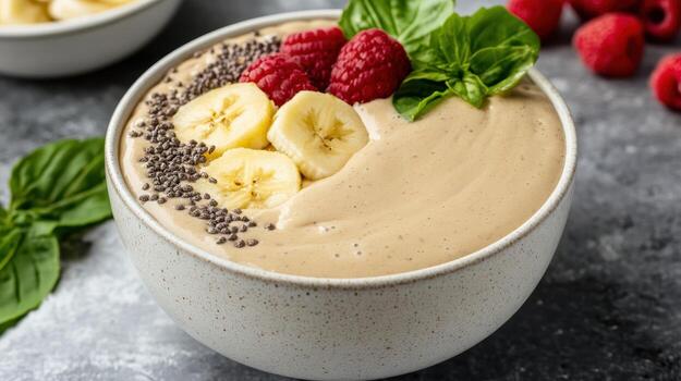 A bowl of smoothie with bananas, raspberries and chia seeds photo