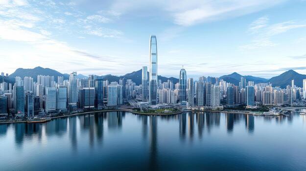 Hong kong skyline with reflection of skyscrapers in water photo